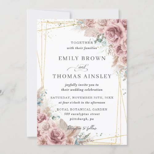 Rustic Chic Dusty Rose Blush Floral Pampas Wedding Invitation