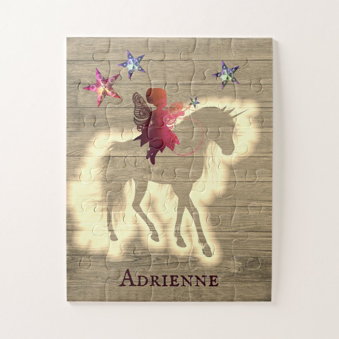 Rustic Chic Fairy Riding Unicorn Personalized Jigsaw Puzzle | Zazzle
