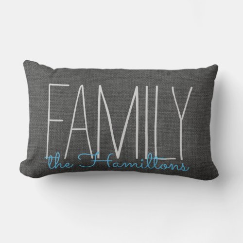 Rustic Chic Family Monogram IN DARK GREY AND BLUE Lumbar Pillow