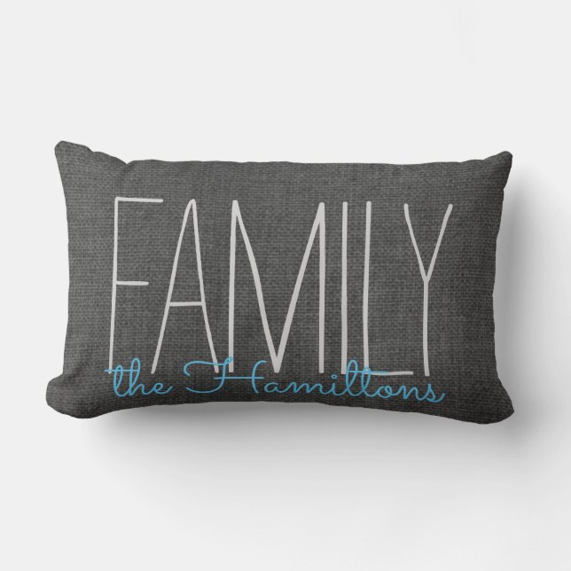 Rustic Chic Family Monogram IN DARK GREY AND BLUE Lumbar Pillow (Front)