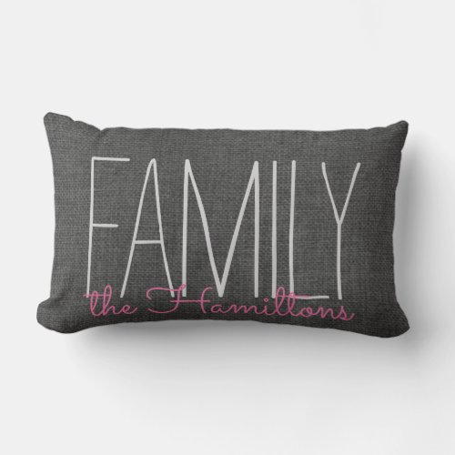 Rustic Chic Family Monogram IN DARK GREY AND PINK Lumbar Pillow