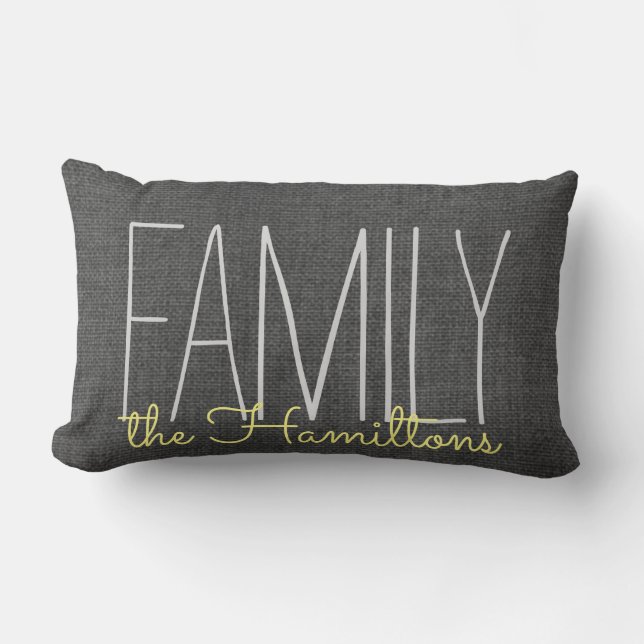 Rustic Chic Family Monogram IN DARK GREY YELLOW Lumbar Pillow (Front)