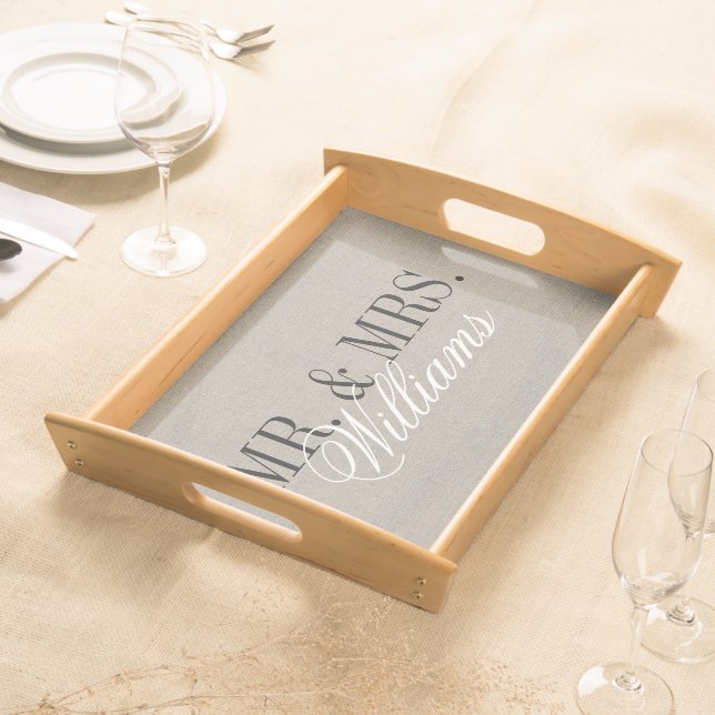 Rustic Chic Faux Burlap Mr. and Mrs. Monogram Serving Tray (Front)