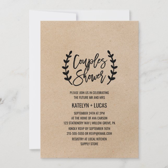 Rustic Chic Faux Kraft Calligraphy Couples Shower Invitation (Front)