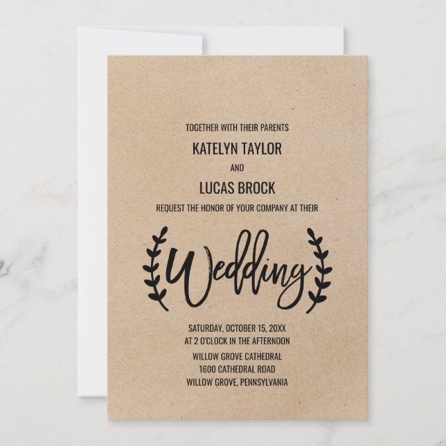 Rustic Chic Faux Kraft Calligraphy Wedding Invitation (Front)