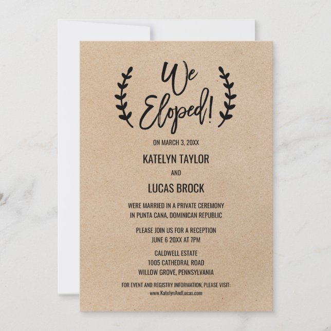 Rustic Chic Faux Kraft Elopement Reception Invitation (Front)