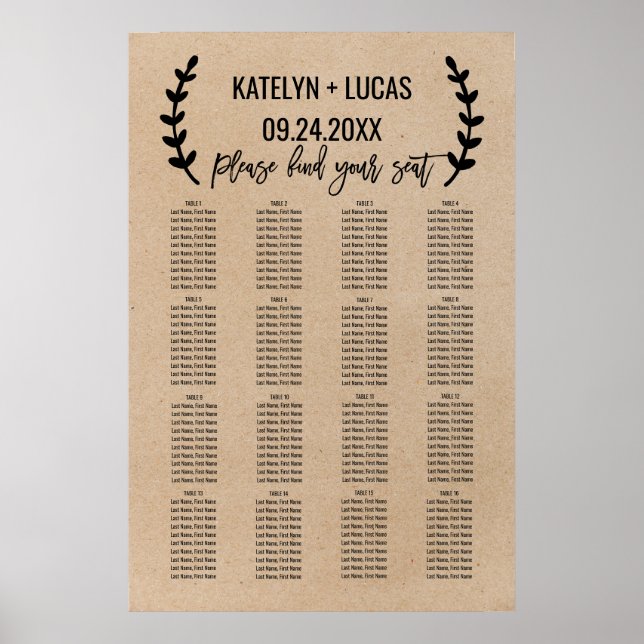 Rustic Chic Faux Kraft Wedding Seating Chart (Front)