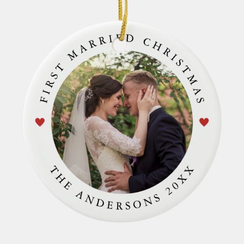 Rustic Chic  First Married Christmas with Photo Ceramic Ornament