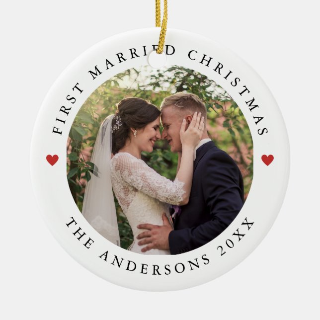 Rustic Chic | First Married Christmas with Photo Ceramic Ornament (Front)