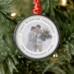 Rustic Chic | First Married Christmas with Photo Metal Ornament<br><div class="desc">This elegant,  rustic style newlyweds Christmas ornament features your personal wedding photo with a simple white background and classic,  dark gray text that says "First Married Christmas". The perfect minimalist look for your first holiday tree as husband and wife!</div>