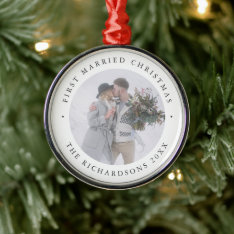 Rustic Chic | First Married Christmas With Photo Metal Ornament at Zazzle
