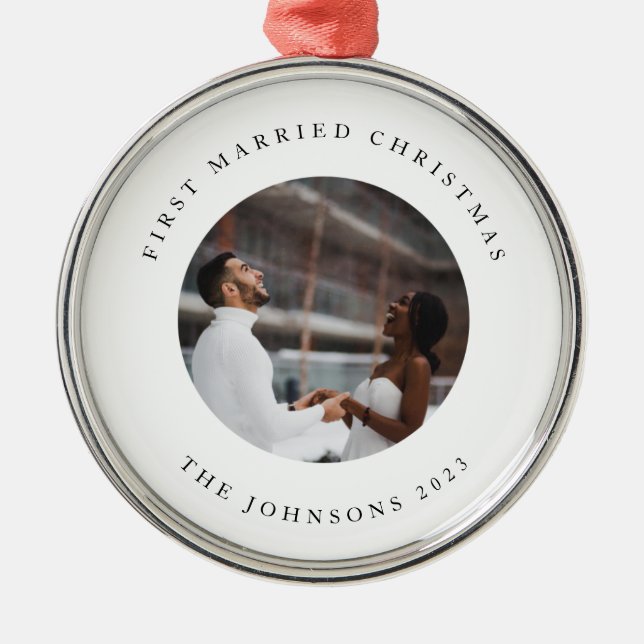 Rustic Chic First Married Christmas with Photo Metal Ornament (Front)