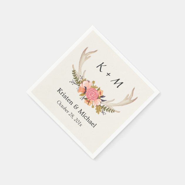 Rustic Chic Floral Deer Antler Wedding Monogram Napkin