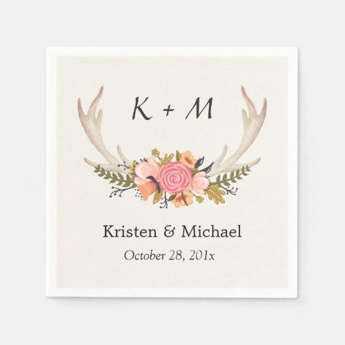 Rustic Chic Floral Deer Antler Wedding Monogram Napkins