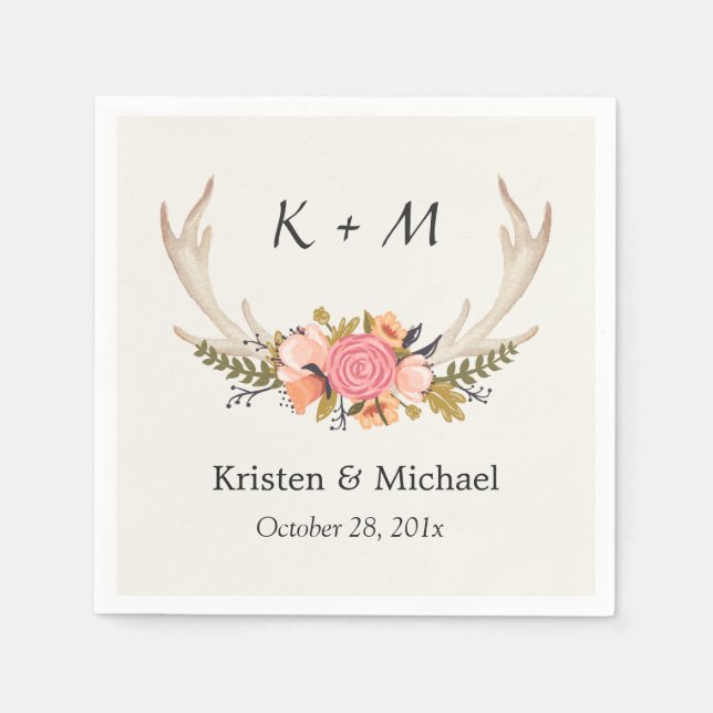 Rustic Chic Floral Deer Antler Wedding Monogram Napkins (Front)
