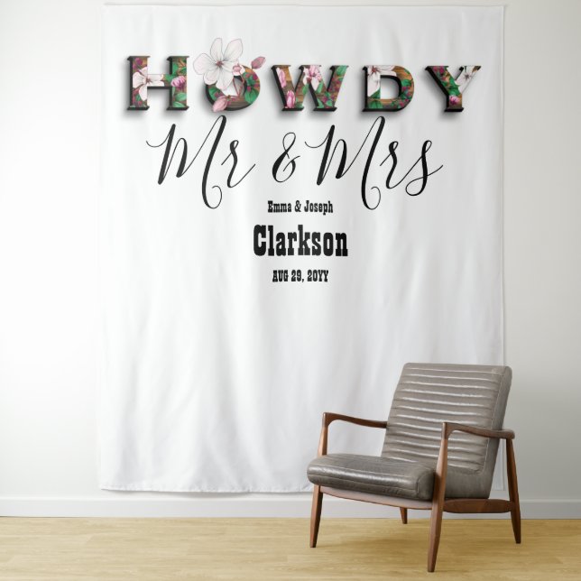 Rustic Chic Floral Howdy Mr and Mrs Photo Backdrop (In Situ)