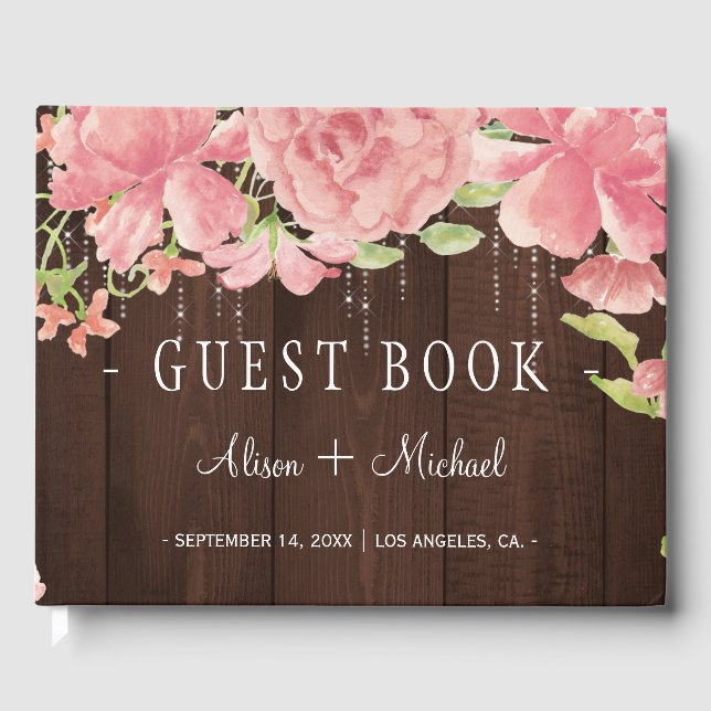 Rustic chic floral string lights wedding guest book (Front)