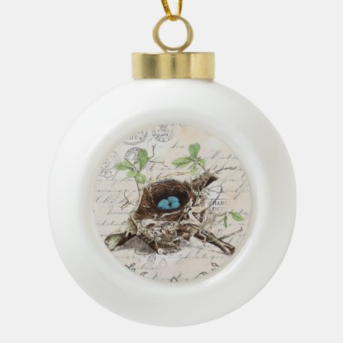 rustic chic french country botanical bird nest ceramic ball christmas ornament