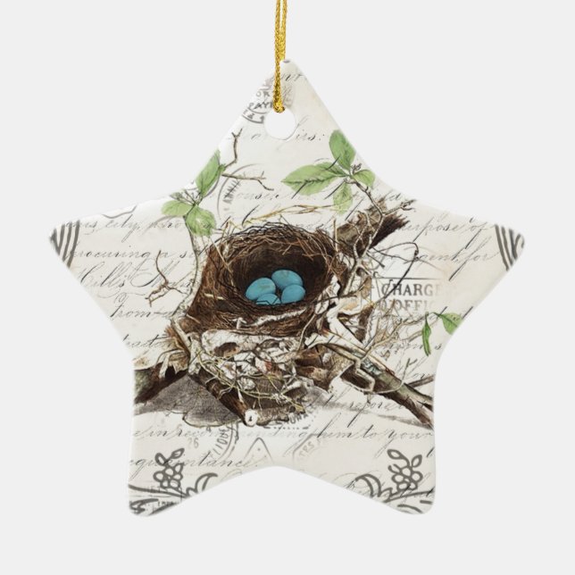 rustic chic french country botanical bird nest ceramic ornament (Front)