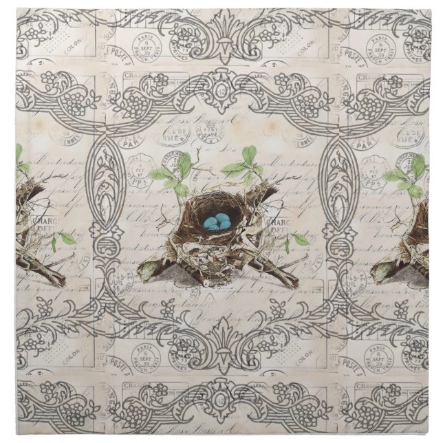 rustic chic french country botanical bird nest cloth napkin (Front)