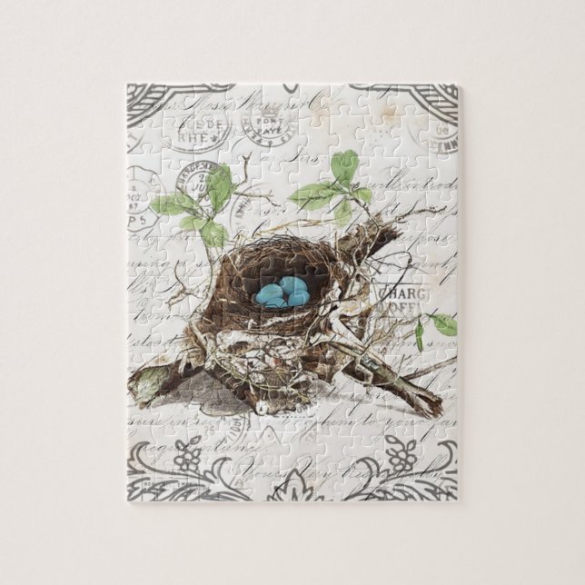 rustic chic french country botanical bird nest jigsaw puzzle (Vertical)