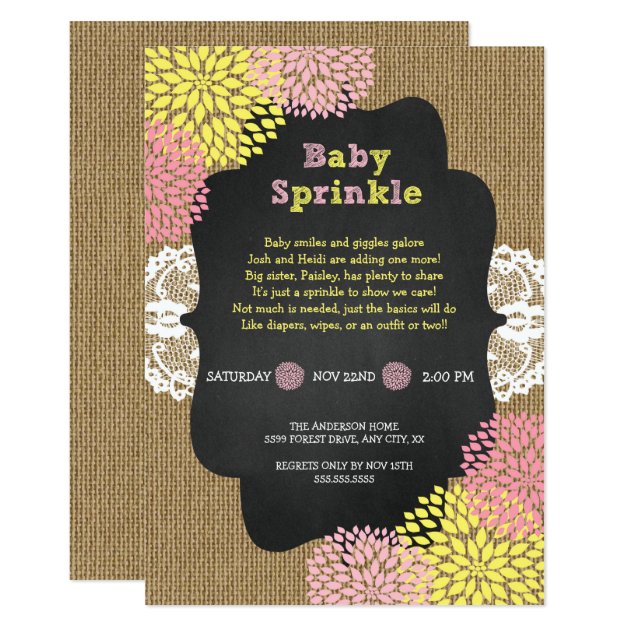 Rustic Chic Girl Baby Sprinkle / Burlap Chalkboard Invitation