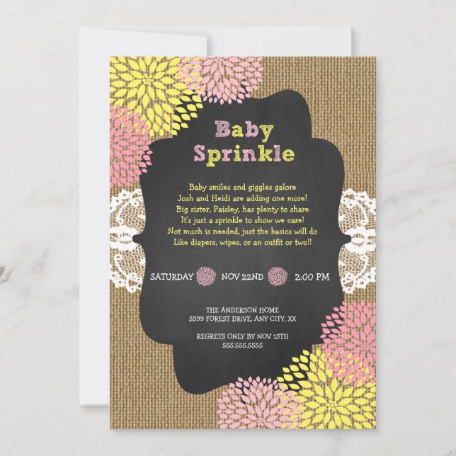 Rustic chic girl baby sprinkle / burlap chalkboard invitation (Front)