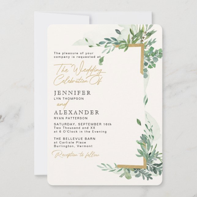 Rustic Chic Gold & Greenery Eucalyptus Wedding Invitation (Front)