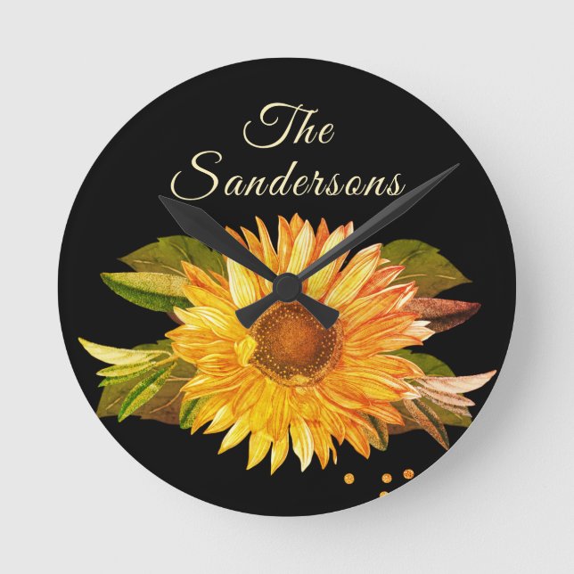  Rustic Chic Golden Yellow Sunflower  Round Clock (Front)