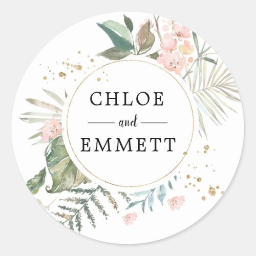 Rustic Chic Green Gold Botanical Boho Wedding Classic Round Sticker