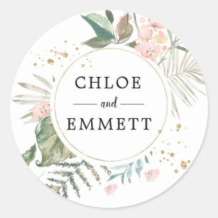 Rustic Chic Green Gold Botanical Boho Wedding Classic Round Sticker