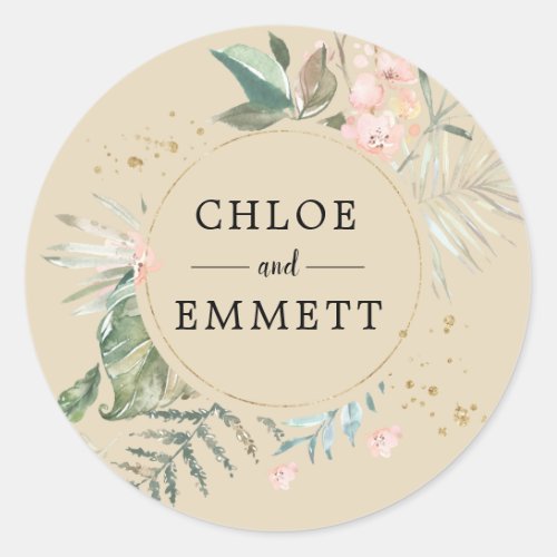 Rustic Chic Green Gold Botanical Boho Wedding Classic Round Sticker