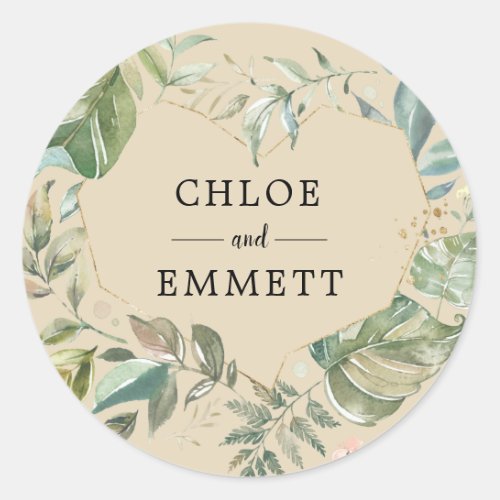 Rustic Chic Green Gold Botanical Heart Wedding Classic Round Sticker