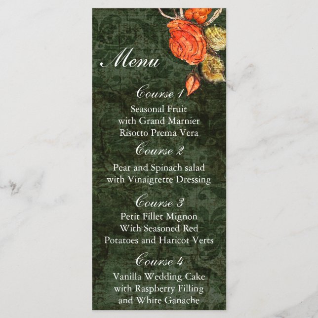Rustic Chic Green Vintage Rose Wedding Menu (Front)