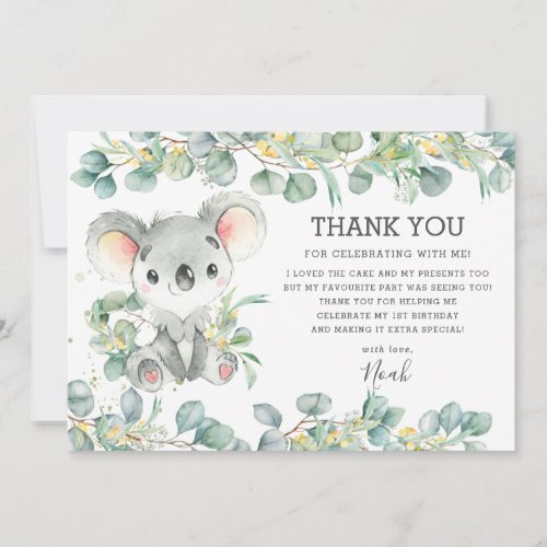 Rustic Chic Greenery Cute Koala 1st Birthday Boy Thank You Card