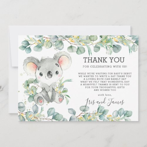 Rustic Chic Greenery Cute Koala Baby Shower Boy Thank You Card