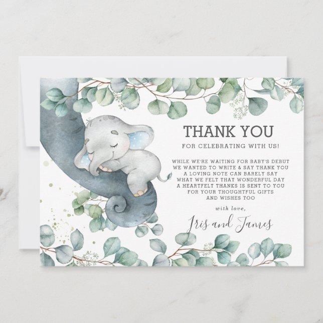 Rustic Chic Greenery Elephant Baby Shower Boy Thank You Card (Front)