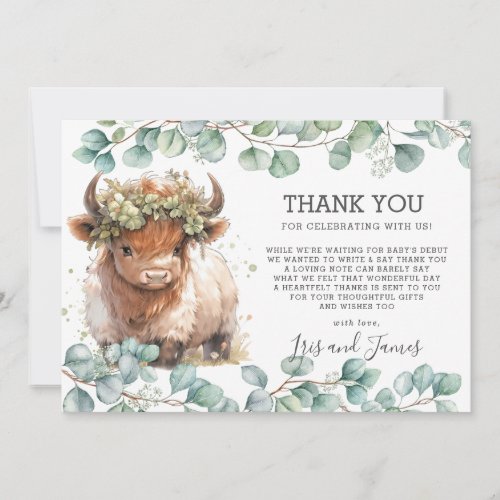 Rustic Chic Greenery Highland Cow Baby Shower Thank You Card