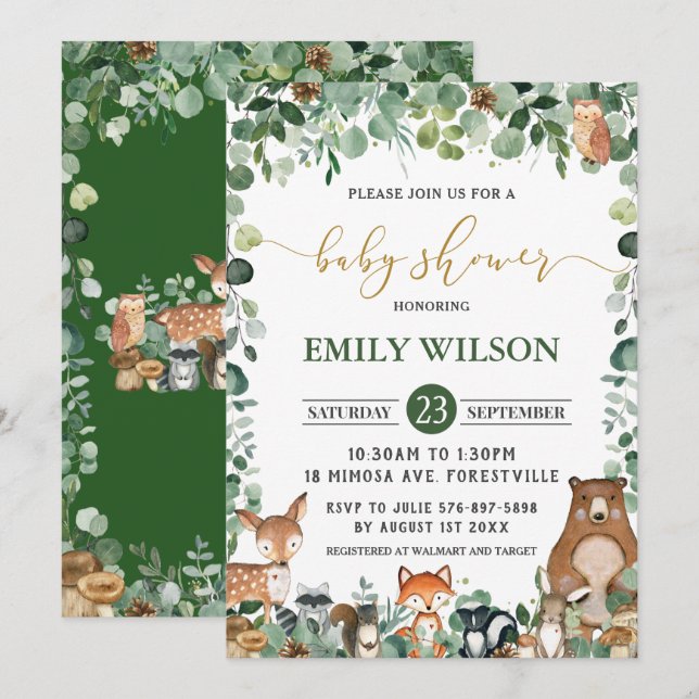 Rustic Chic Greenery Woodland Animals Baby Shower Invitation (Front/Back)