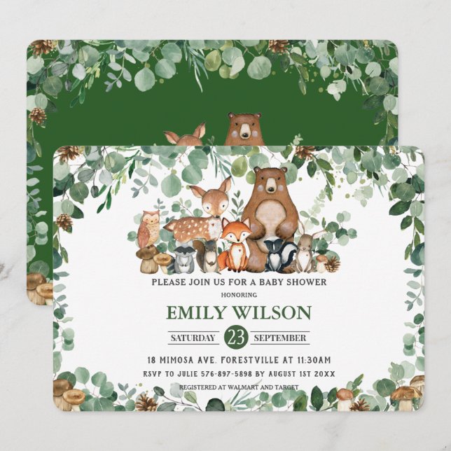 Rustic Chic Greenery Woodland Animals Baby Shower  Invitation (Front/Back)