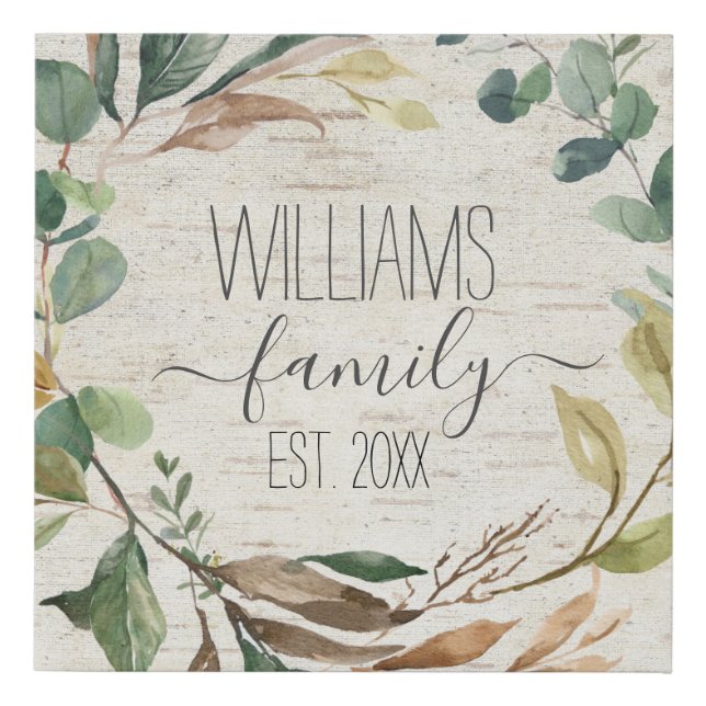 Rustic Chic Greenery Wreath Birch Family Name Faux Canvas Print (Front)