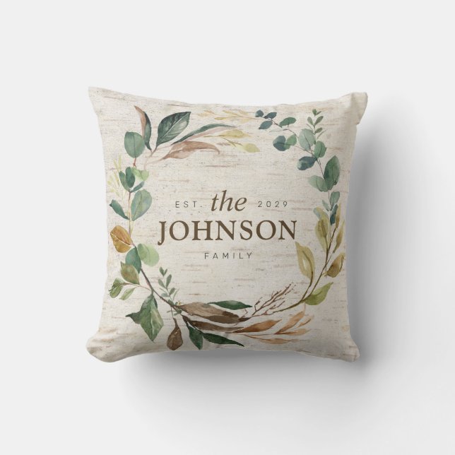Rustic Chic Greenery Wreath Family Est. Monogram Throw Pillow (Front)
