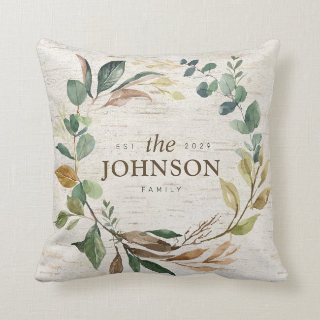 Rustic Chic Greenery Wreath Family Est. Monogram Throw Pillow