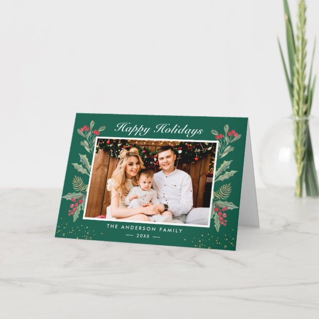 Rustic Chic Holly Berries Happy Holidays Photo Holiday Card (Front)