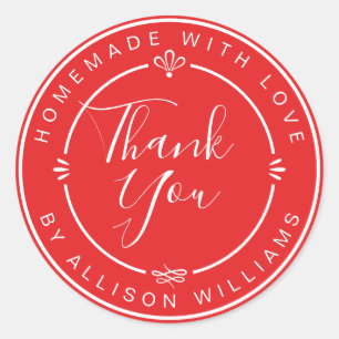 Rustic Chic Homemade Monogram Thank You Bright Red Classic Round Sticker