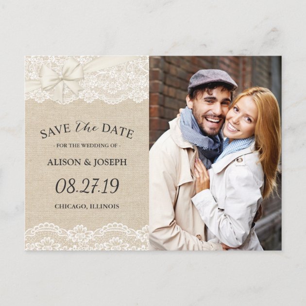 Rustic Chic Ivory Burlap Lace Save The Date Photo Announcement Postcard