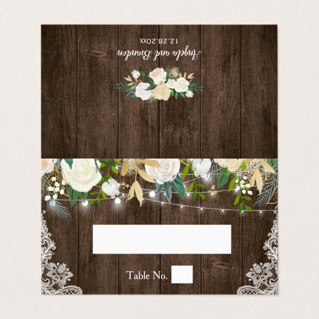 Rustic Chic Ivory Floral String Lights Wedding Place Card