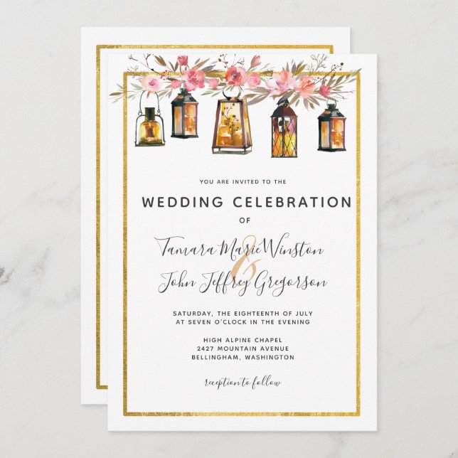 Rustic Chic Lanterns Rose Gold Floral Wedding Invitation (Front/Back)