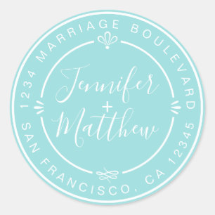 Rustic Chic Monogram Names Return Address Blue Classic Round Sticker