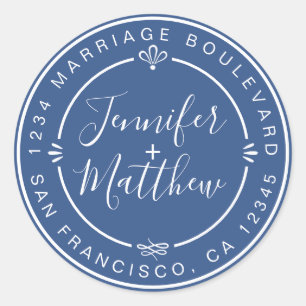 Rustic Chic Names Return Address Classic Blue Round Sticker